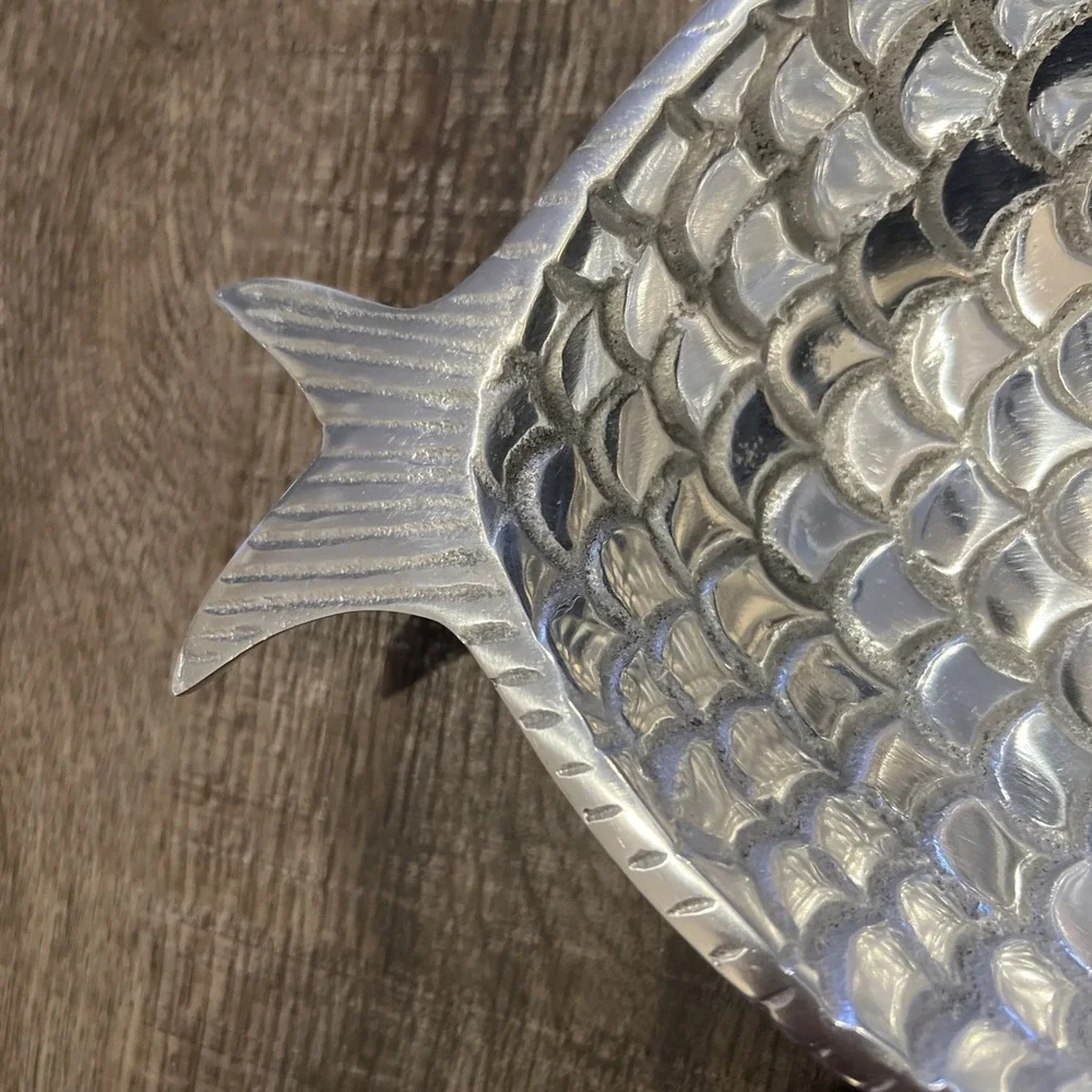 Fishy Snack Plate Shiny Aluminum Pewter Vintage 12